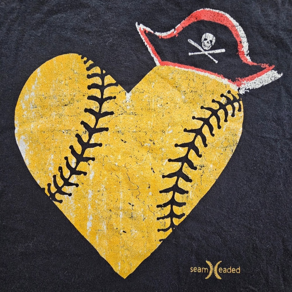 Seam Headed Baseball Heart Pirate Black Short Sleeve Cotton T-Shirt Women's L - Picture 2 of 9